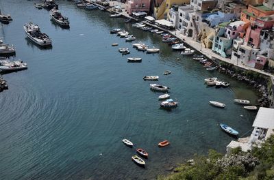 High angle view of boats in sea