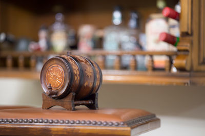 Old-fashioned keg on table at bar