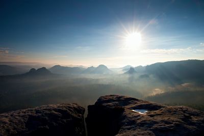 Majestic morning mountain landscape. dramatic overcast sky. saxony national park. beauty world.