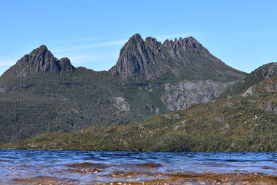 Scenic view of sea and mountains against sky