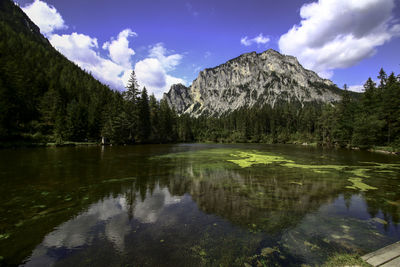 Scenic view of lake and mountains against sky