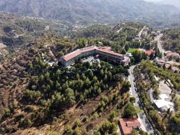 High angle view of trees and buildings