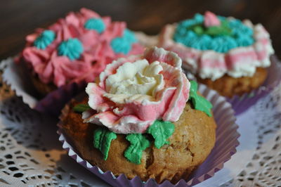 Close-up of cupcakes on table