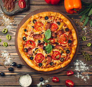 Directly above shot of pizza on table