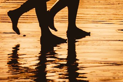 Low section of silhouette people at beach