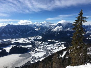 Scenic view of snowcapped mountains against sky