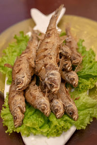 High angle view of meat in plate