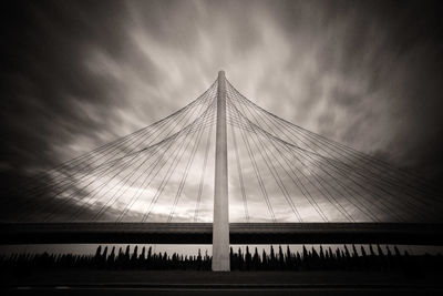 Low angle view of suspension bridge against sky during sunset