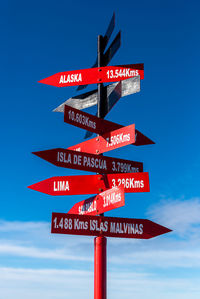 Red crossroad signpost showing the distance of several places on earth with a blue sky