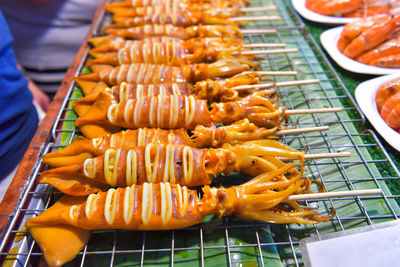 High angle view of food on barbecue grill