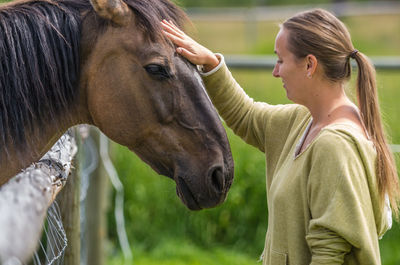 Close-up of a man touching horse