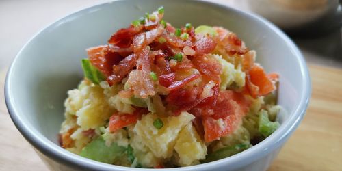 High angle view of salad in bowl on table