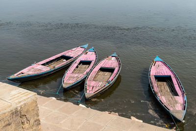 High angle view of boats moored in lake