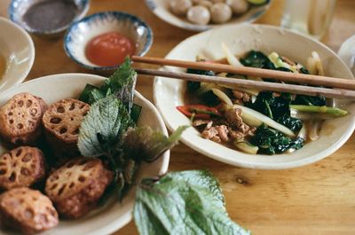 High angle view of meal served on table