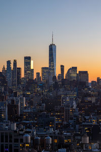 Aerial view of lower manhattan at sunset