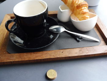 High angle view of breakfast served on table