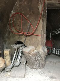 High angle view of old pipes on wall