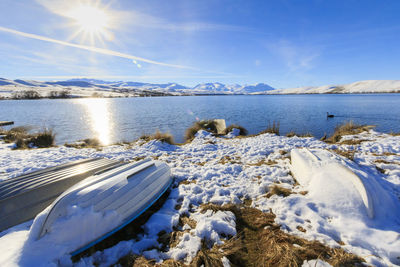 Scenic view of snow covered mountains against sky