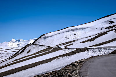 Scenic view of snowcapped mountains against clear blue sky