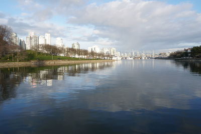 Scenic view of river by buildings against sky