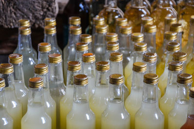 Close-up of liquid in bottles