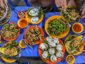 High angle view of meal served on table