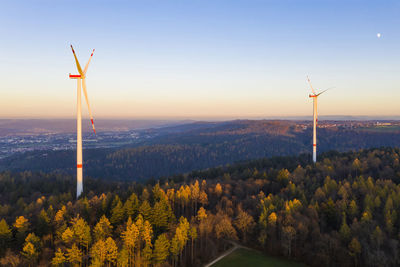 Wind turbines on land against sky during sunset