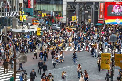 High angle view of people on city street