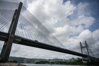 Low angle view of suspension bridge against cloudy sky