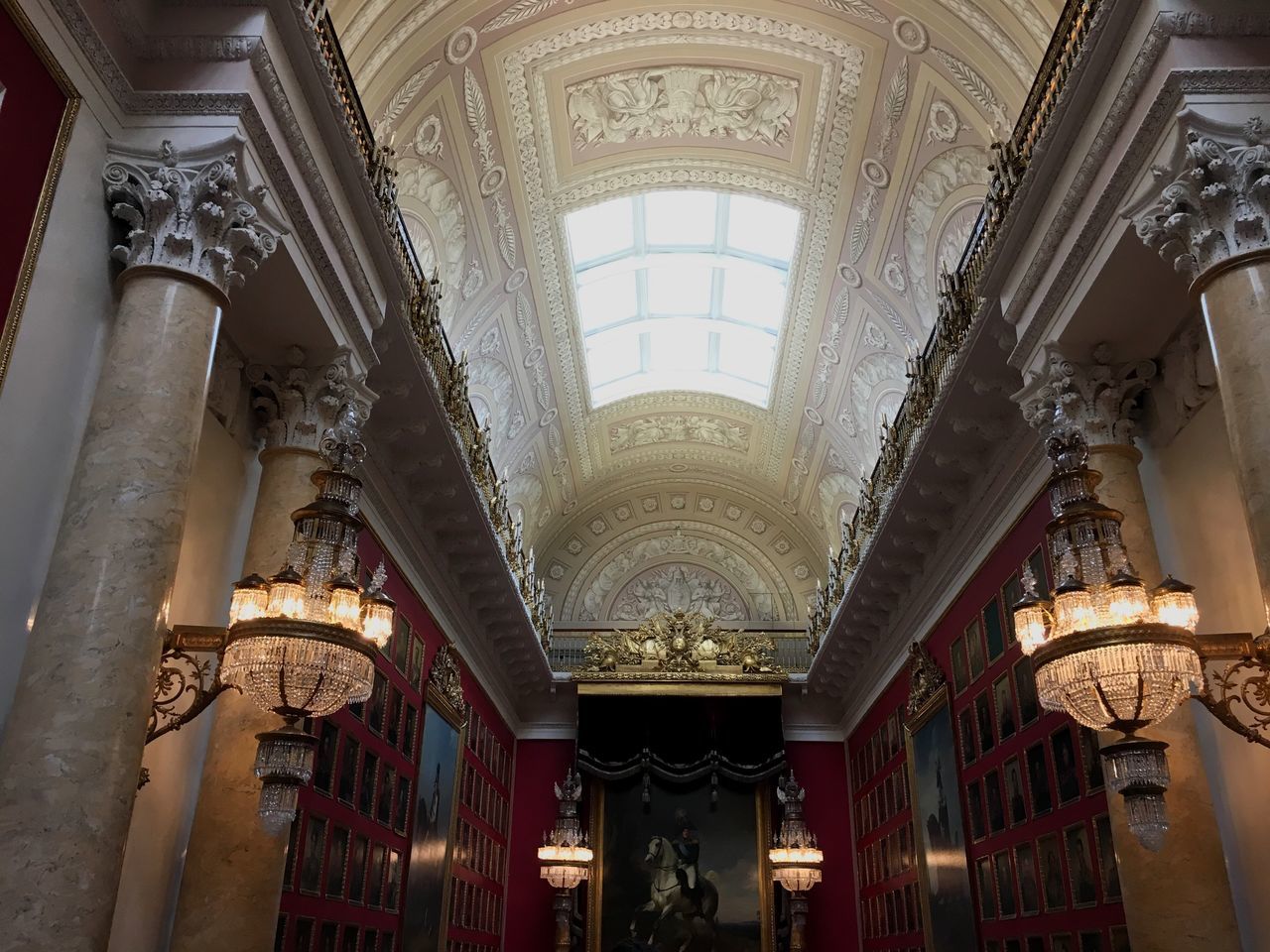 architecture, ornate, indoors, arch, history, ceiling, architectural column, built structure, low angle view, no people, day