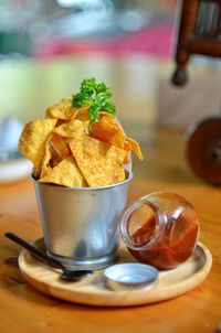 Close-up of burger in bowl on table