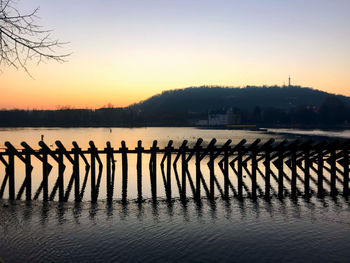 Scenic view of lake against clear sky during sunset