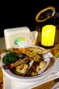 High angle view of food in plate on table