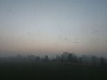 Silhouette trees on field against sky during foggy weather