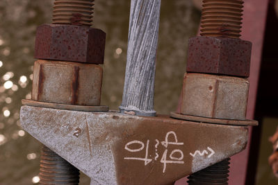 Close-up of text on rusty metal