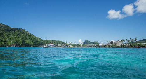 Scenic view of sea against blue sky