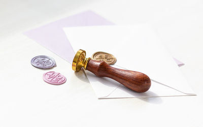 High angle view of coins on table