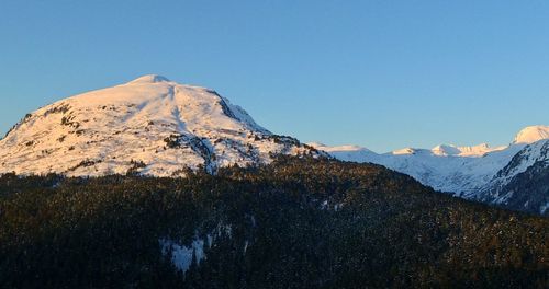 Scenic view of snowcapped mountains against clear sky