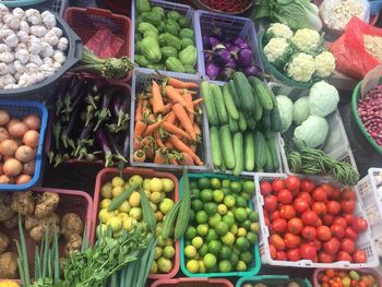 High angle view of vegetables for sale in market