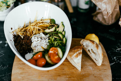 High angle view of food in plate on table