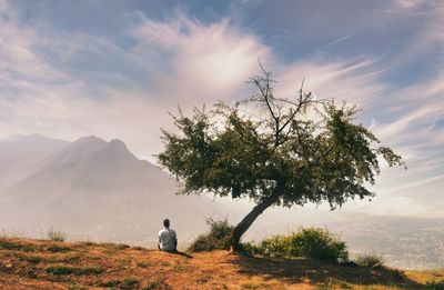 Rear view of man standing by tree against sky