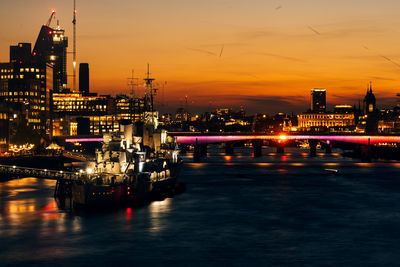 Illuminated city at sunset