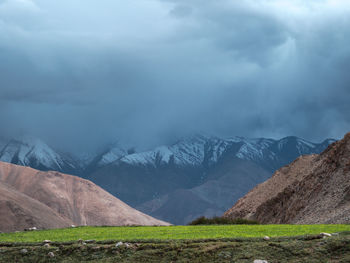 Scenic view of snowcapped mountains against sky