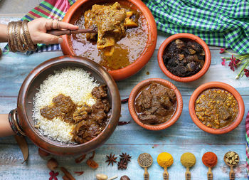 High angle view of food on table