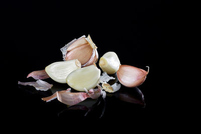 High angle view of eggs on table against black background