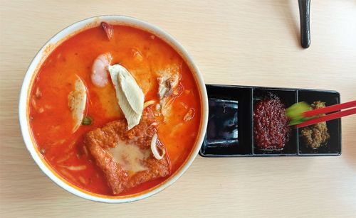 High angle view of soup in bowl on table