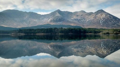 Scenic view of lake against cloudy sky