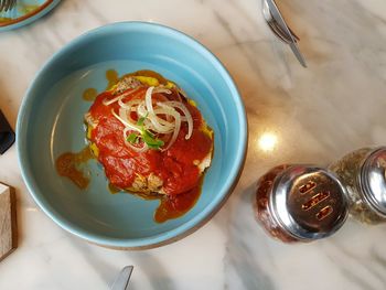 High angle view of food in plate on table