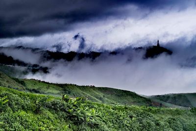 Panoramic view of landscape against sky during foggy weather