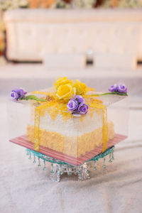 Close-up of purple cake on table